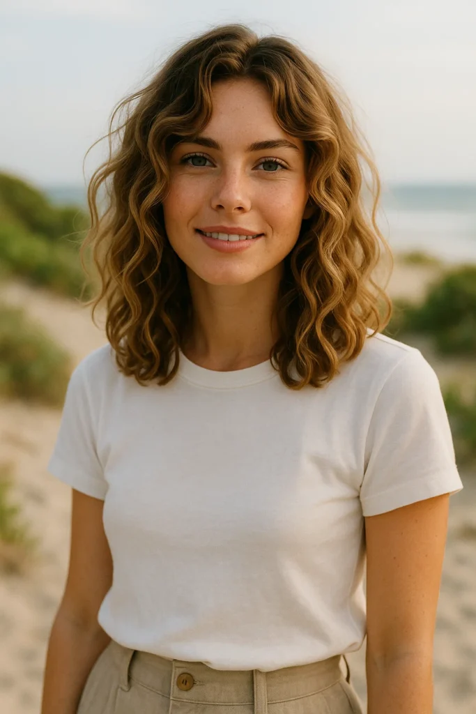Woman with soft, loose beach curls framing her face with natural bounce and fresh appearance