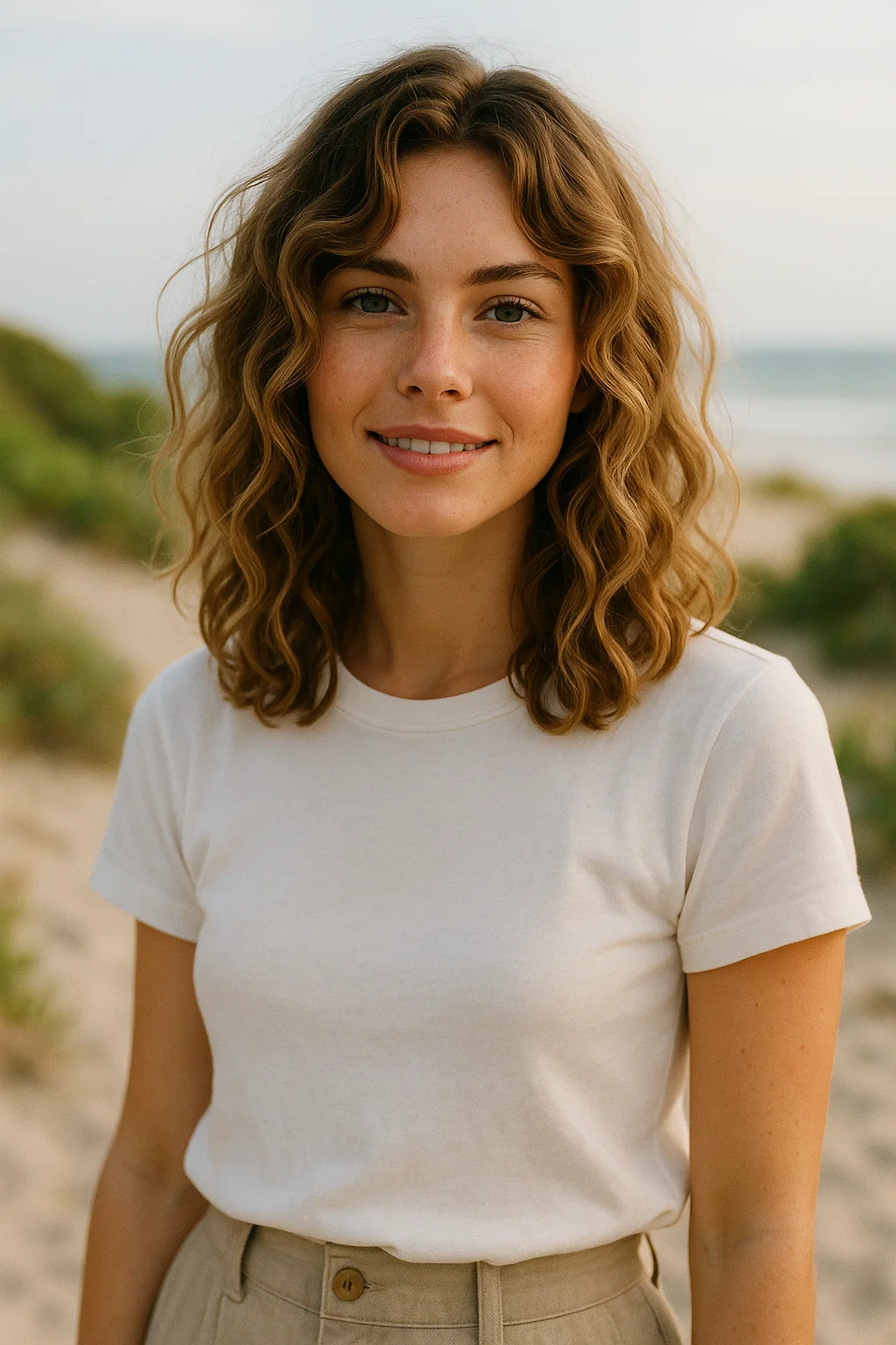 an image of a woman with soft, loose beach curls that frame her face. Her hair should look natural and bouncy, giving off a fresh