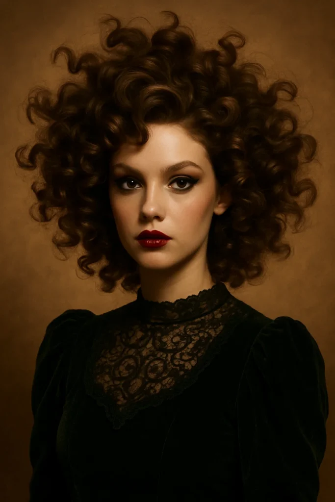 an image of a woman with spiral curls, styled for a dramatic, bold holiday look