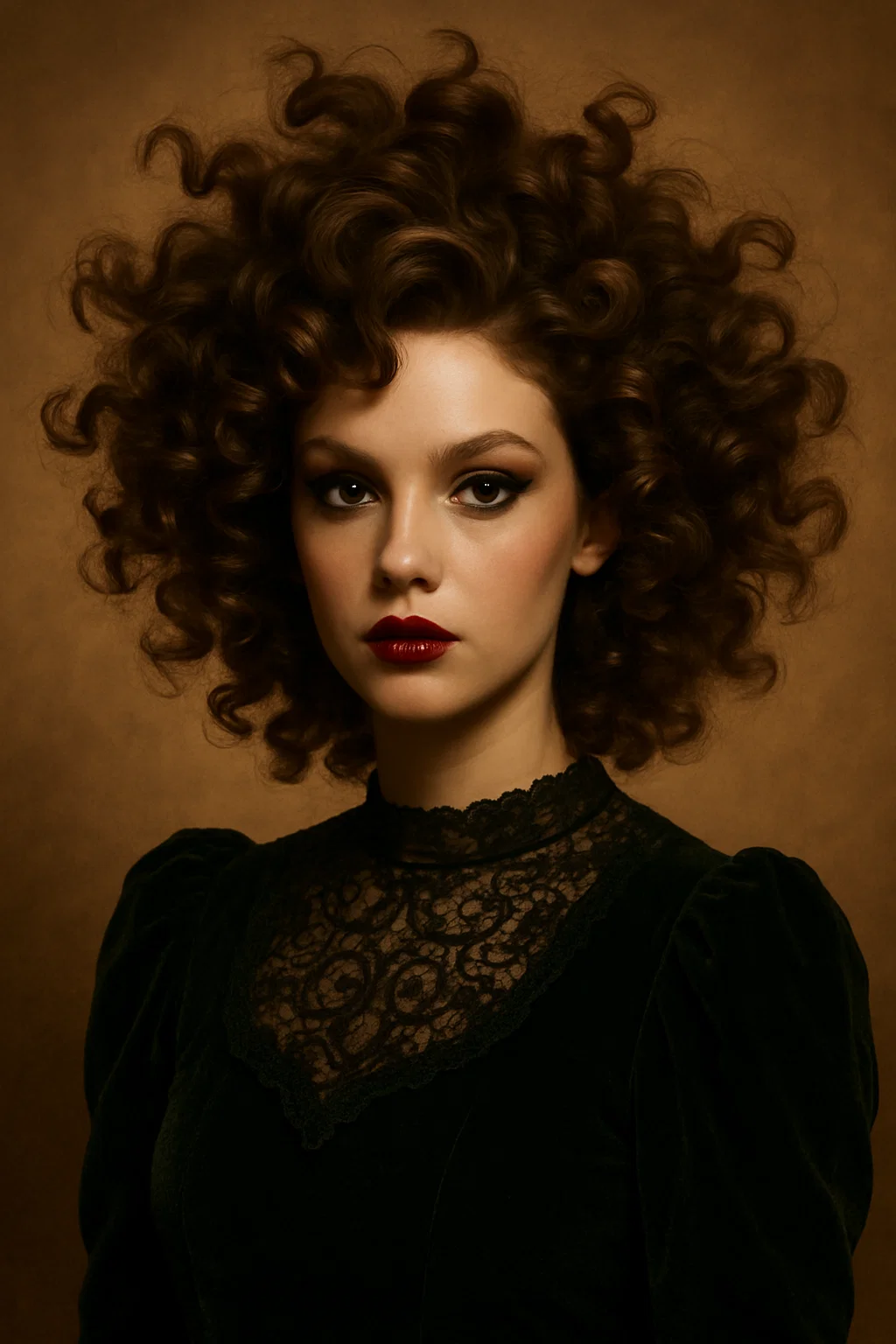 an image of a woman with spiral curls, styled for a dramatic, bold holiday look