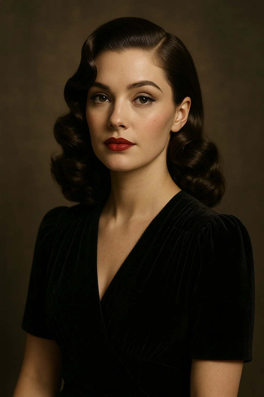 an image of a woman with vintage Hollywood curls, styled for a glamorous, old-school look.