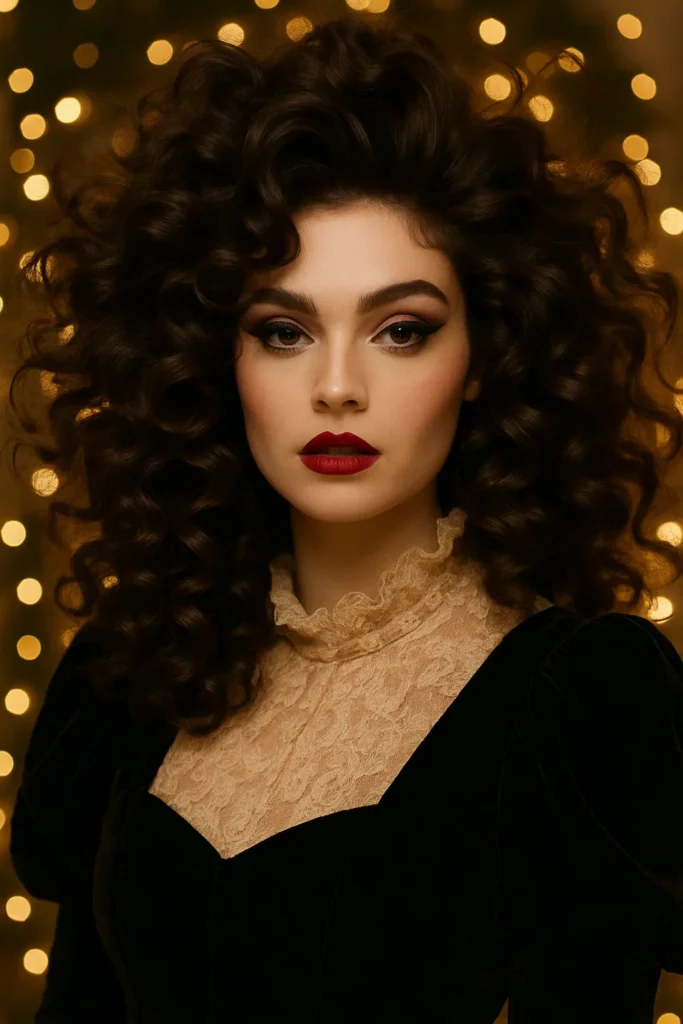 Woman with voluminous full bodied curls styled for a bold dramatic holiday appearance