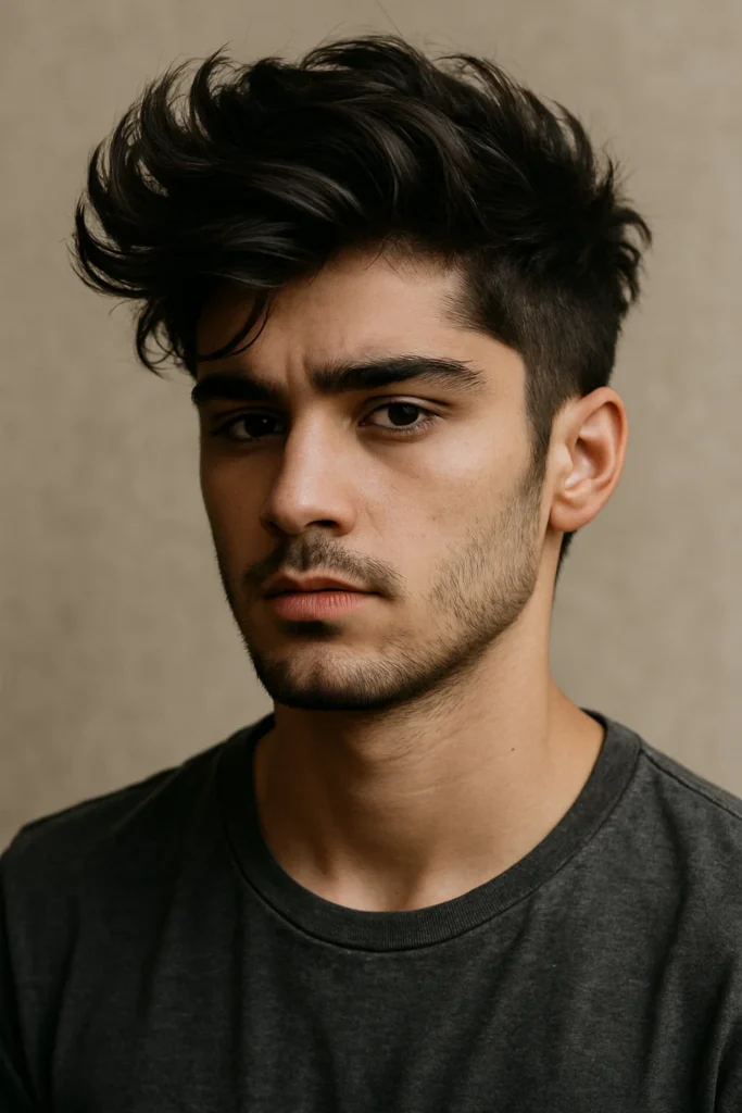 Young man with dark hair styled into voluminous textured quiff showcasing depth and definition