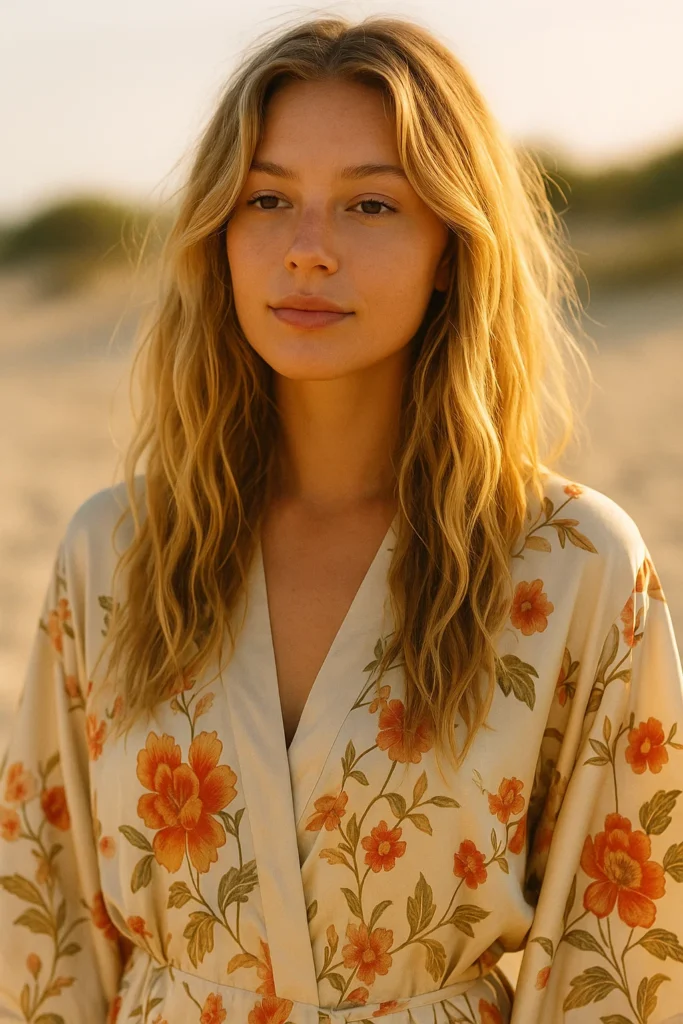 Young woman with long, wavy blonde hair styled in loose, natural beach waves