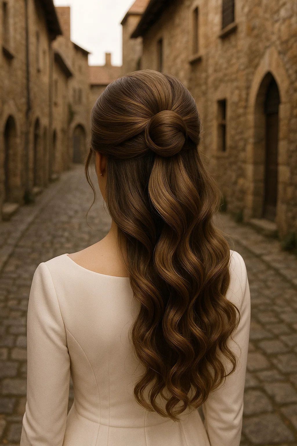 an image of an elegant chignon half-up hairstyle.