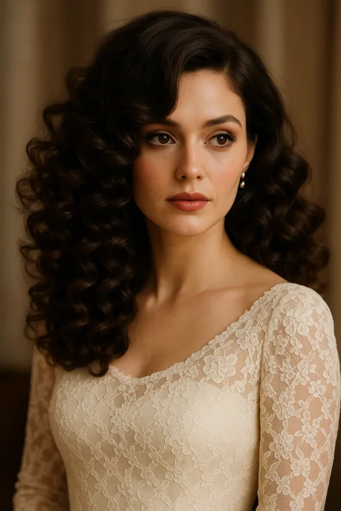 Loose curls with deep side part for a voluminous glamorous reception hairstyle