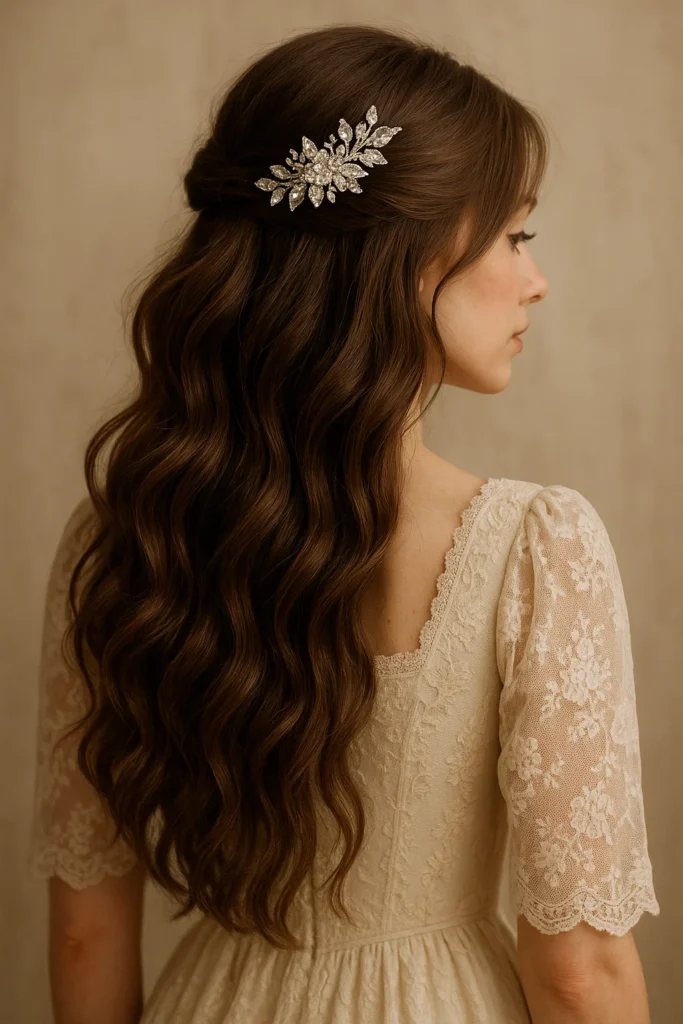 Loose flowing hair enhanced by a sparkling hair accessory like a comb