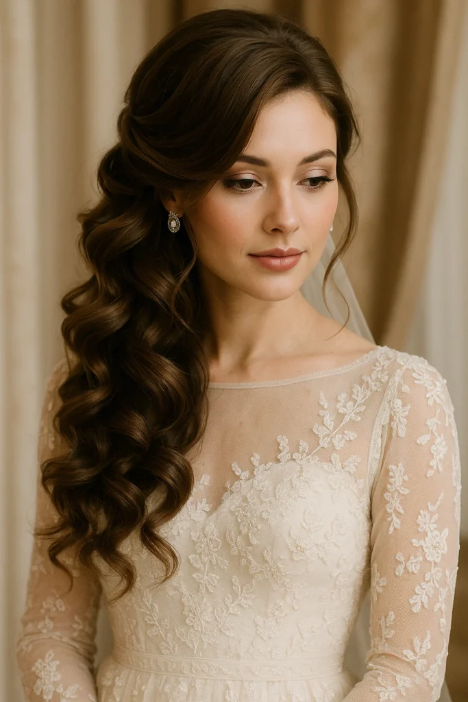 Glamorous side swept curls with volume and sophisticated shine