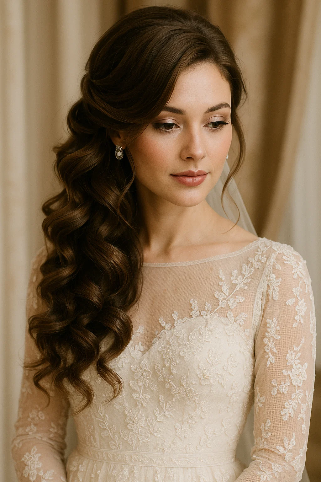 an image of side-swept curls for a glamorous wedding look.