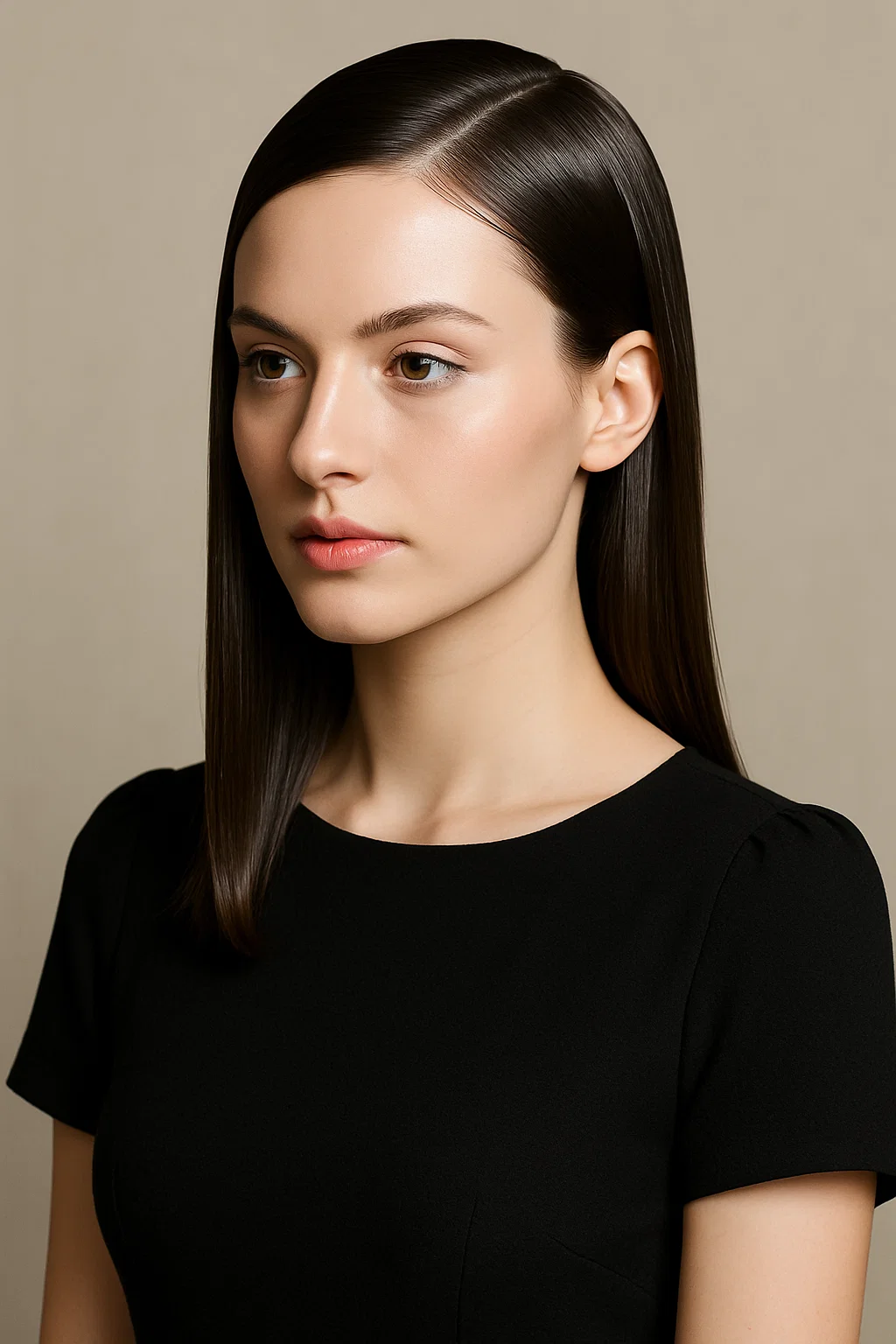 an image of sleek straight hair with a clean side part.