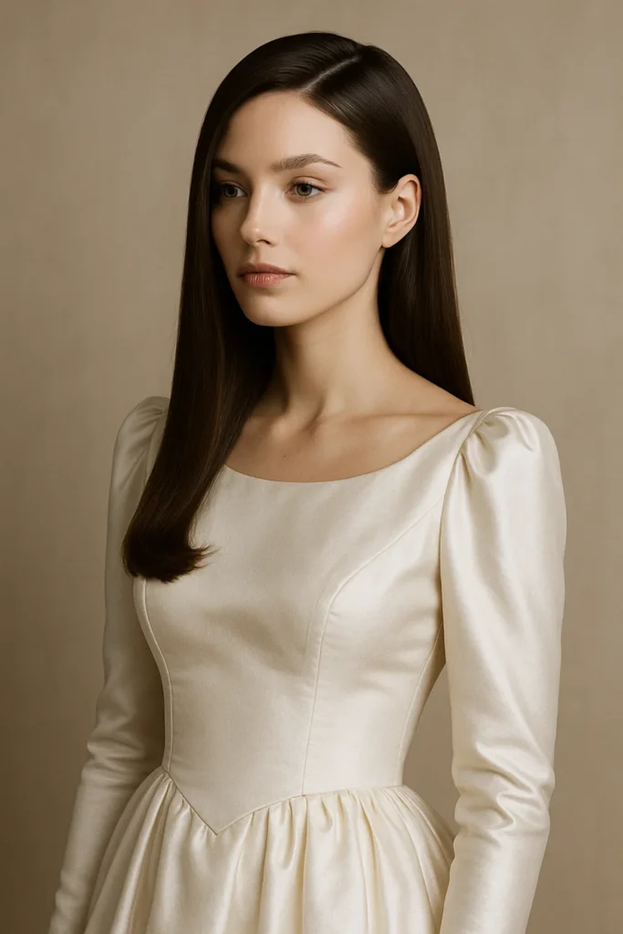 Straight hair with side part for a timeless minimalist reception look