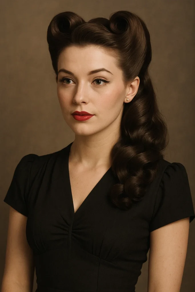 Vintage victory rolls hairstyle with retro 1940s-inspired look