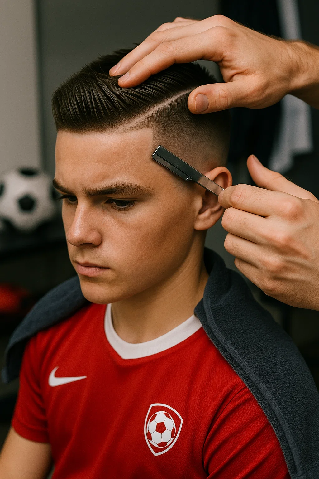 athletic boys haircut featuring a sharp crew cut with a distinct hard part shaved in.