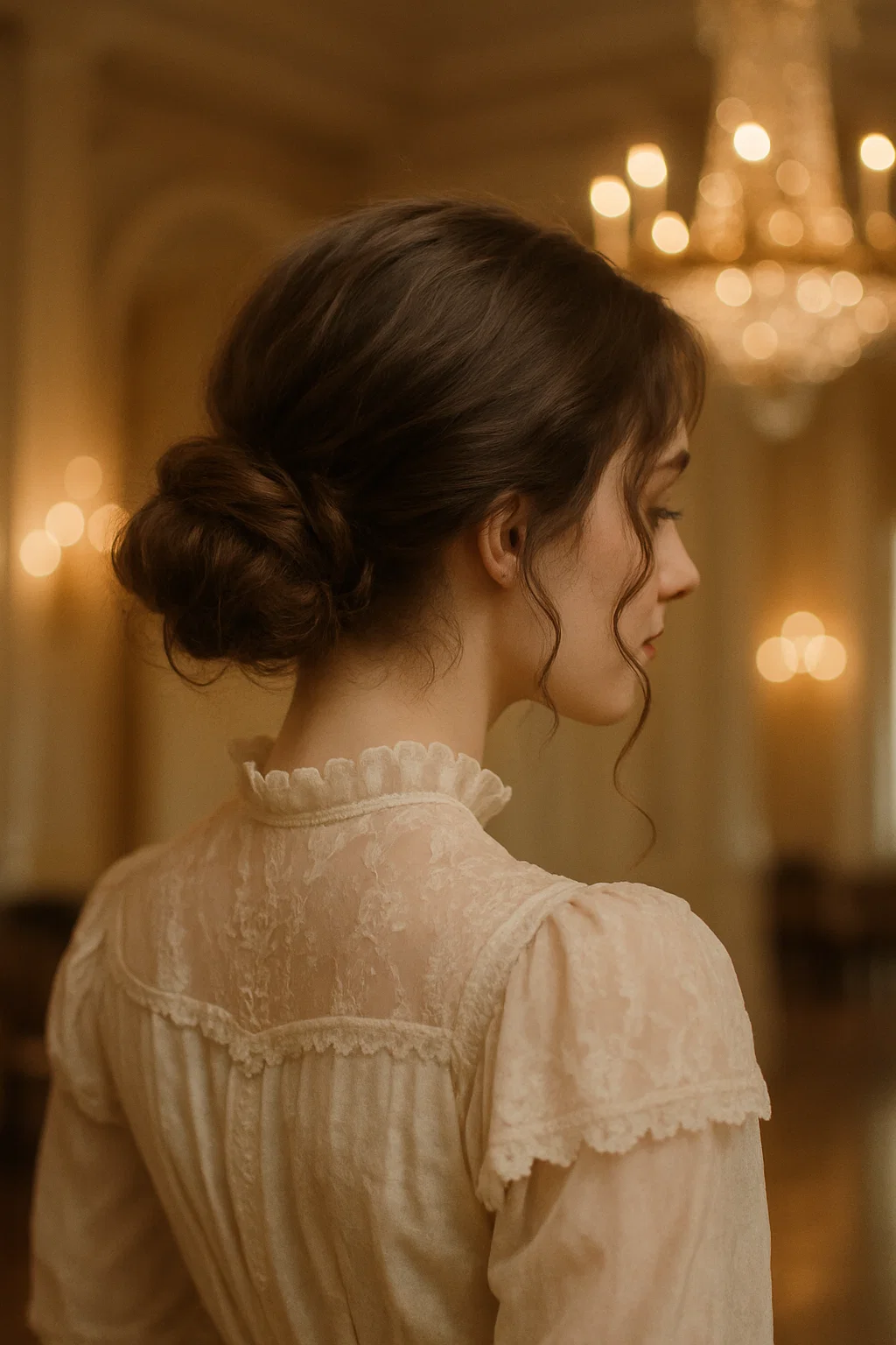soft, textured low bun with tendrils of hair framing the face.