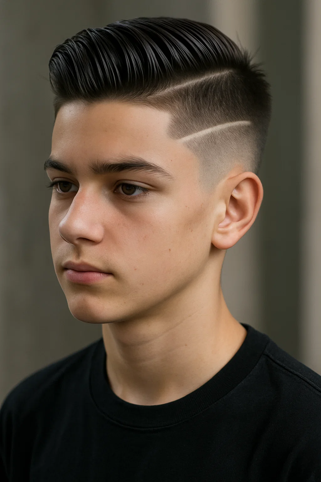 teen boy with a short slicked back hairstyle