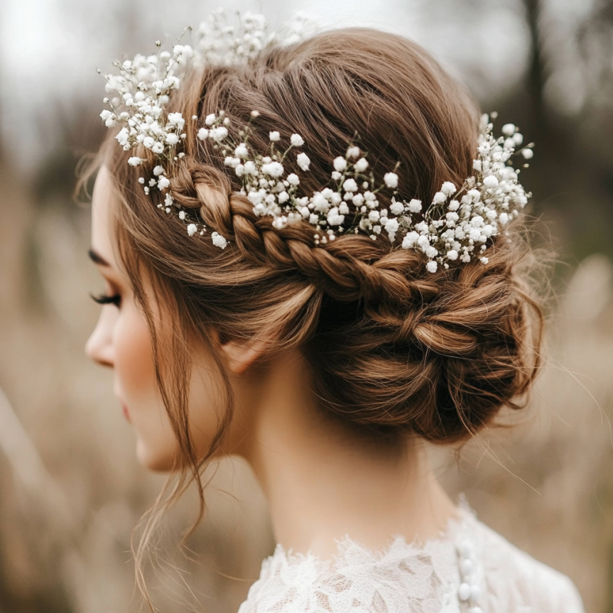 19 chic bridal updo with floral hairpins for a simple wedding look