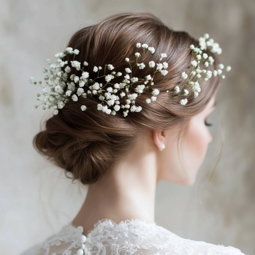 19 chic bridal updo with floral hairpins for a simple wedding look