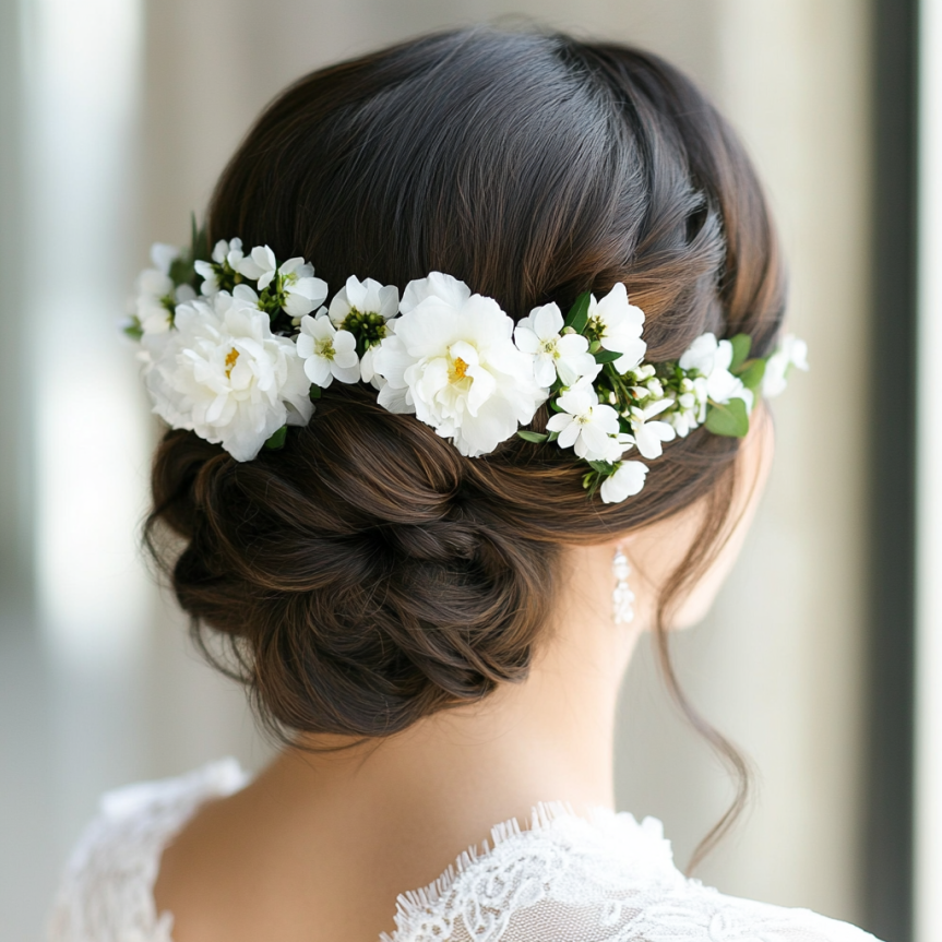 19 chic bridal updo with floral hairpins for a simple wedding look