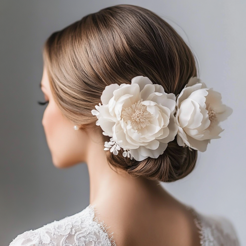 19 chic bridal updo with floral hairpins for a simple wedding look