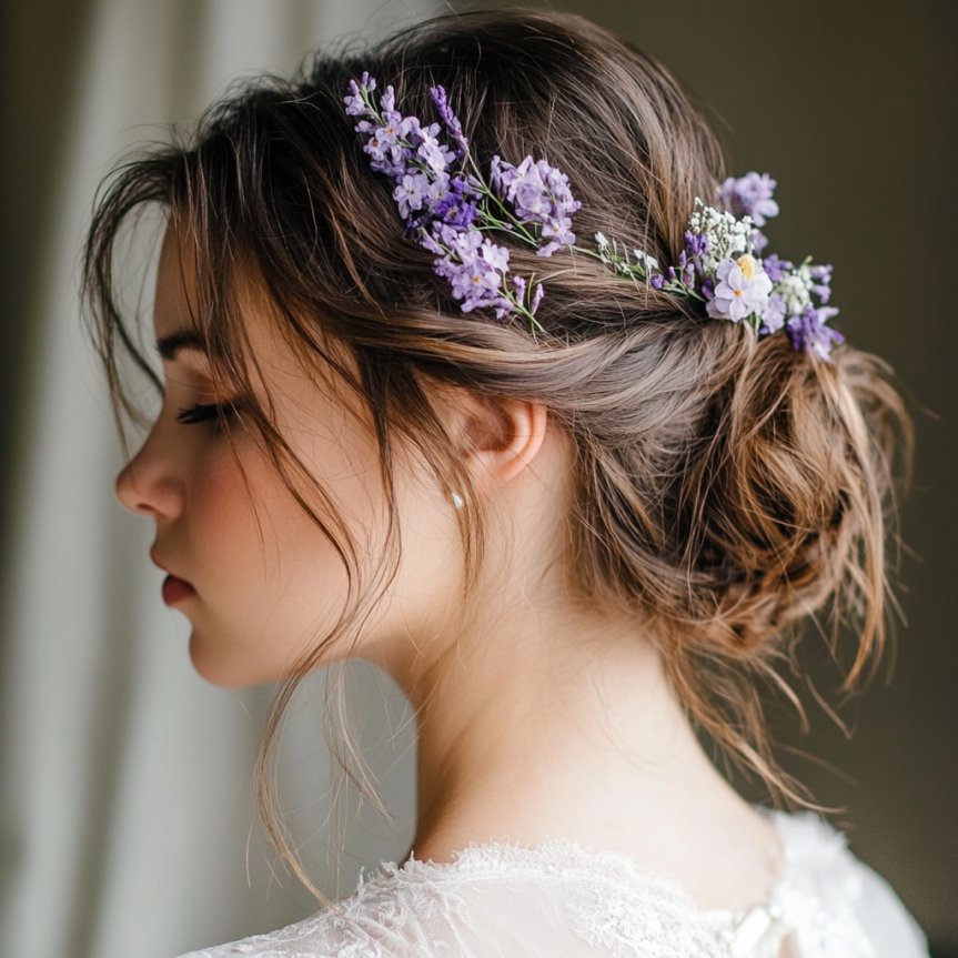 19 chic bridal updo with floral hairpins for a simple wedding look