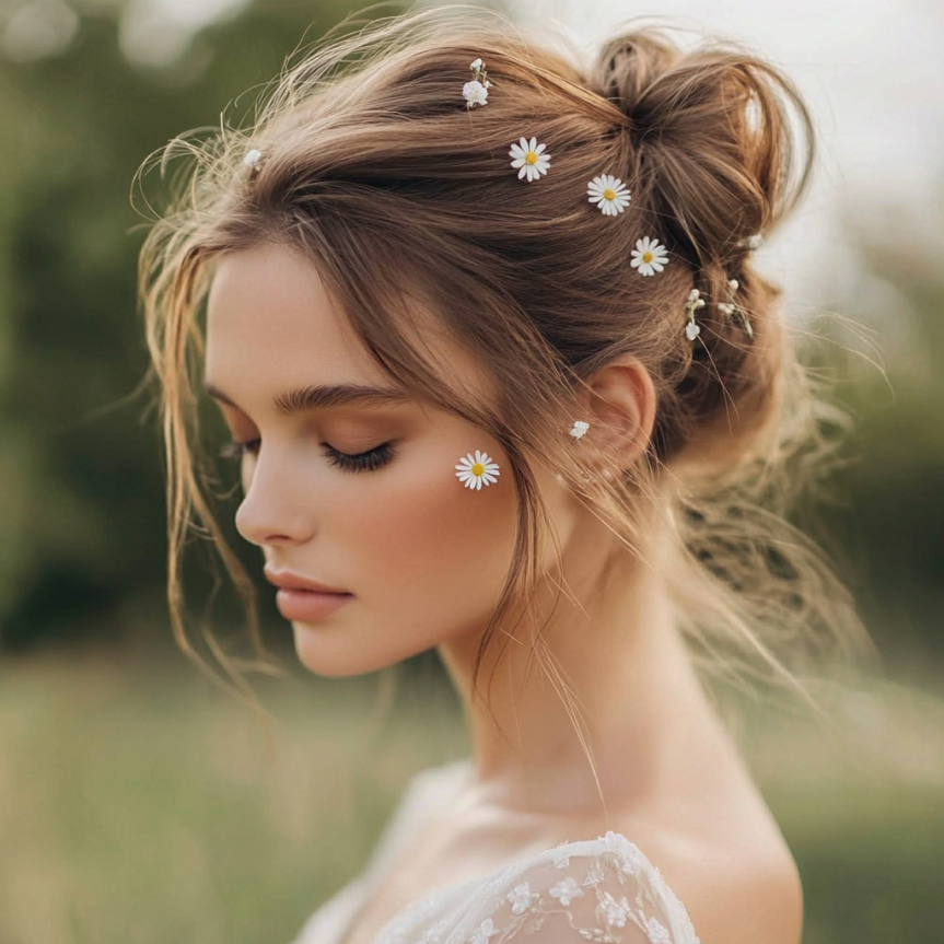 19 chic bridal updo with floral hairpins for a simple wedding look