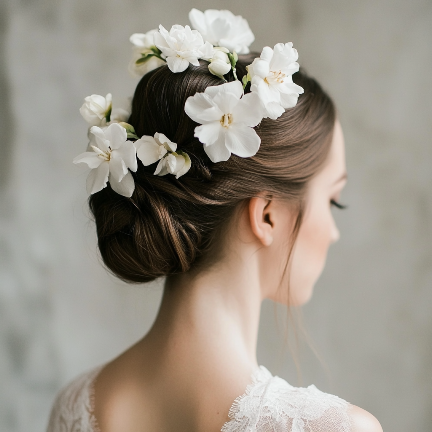 19 chic bridal updo with floral hairpins for a simple wedding look