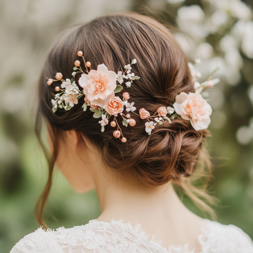 19 chic bridal updo with floral hairpins for a simple wedding look