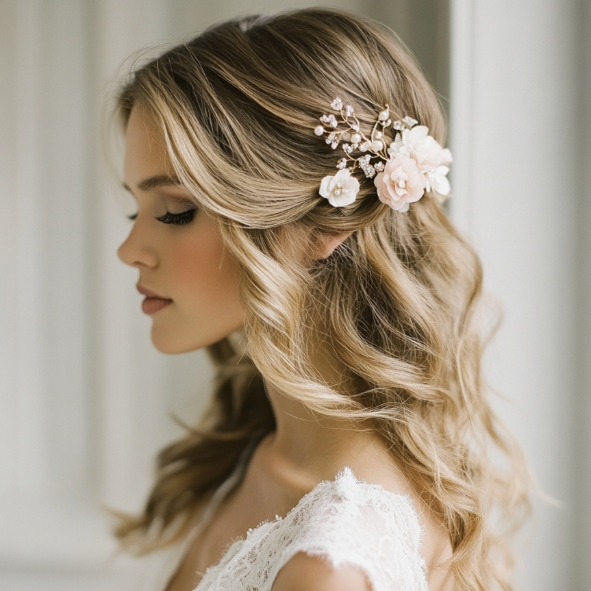 19 chic bridal updo with floral hairpins for a simple wedding look