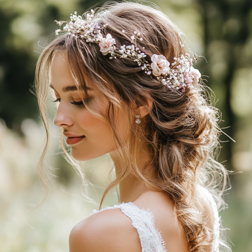 19 chic bridal updo with floral hairpins for a simple wedding look