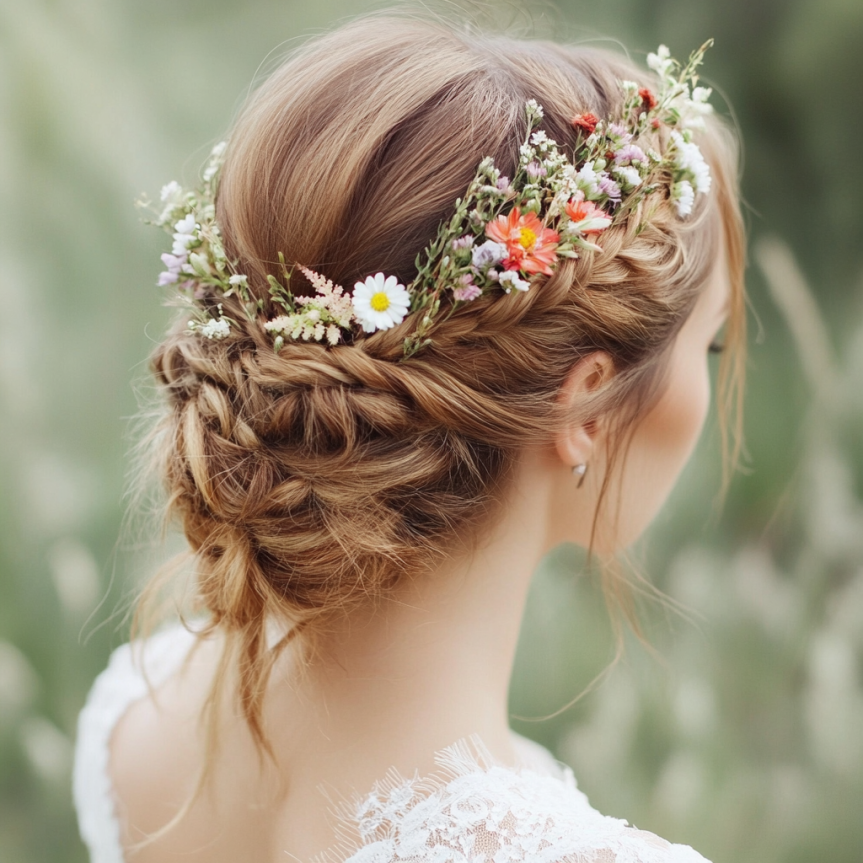 19 chic bridal updo with floral hairpins for a simple wedding look