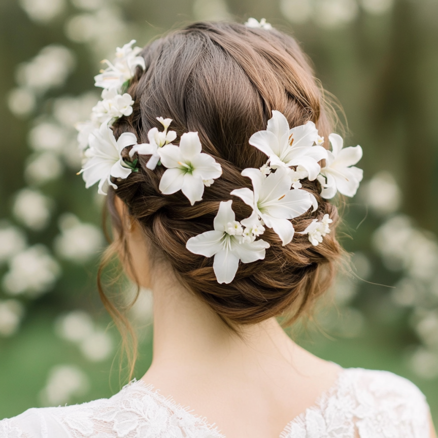 19 chic bridal updo with floral hairpins for a simple wedding look