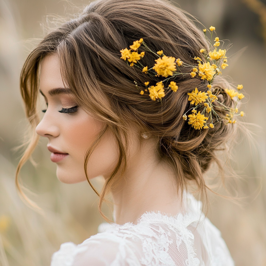 19 chic bridal updo with floral hairpins for a simple wedding look