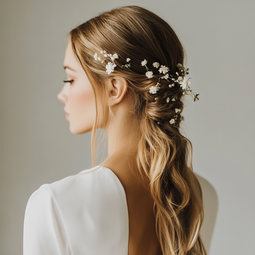 19 chic bridal updo with floral hairpins for a simple wedding look