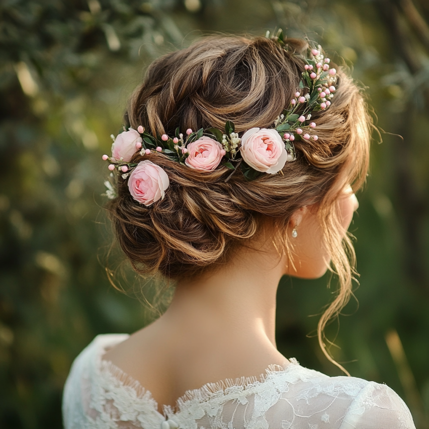 19 chic bridal updo with floral hairpins for a simple wedding look
