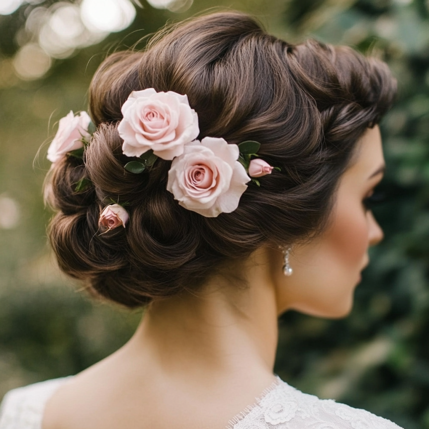 19 chic bridal updo with floral hairpins for a simple wedding look