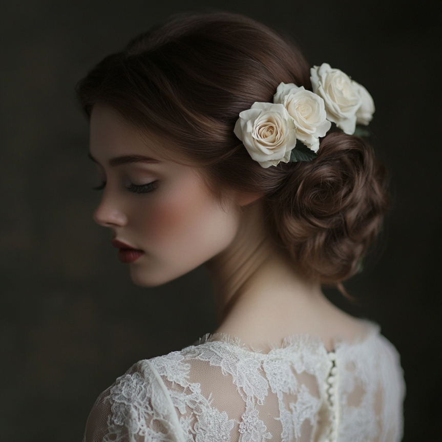19 chic bridal updo with floral hairpins for a simple wedding look