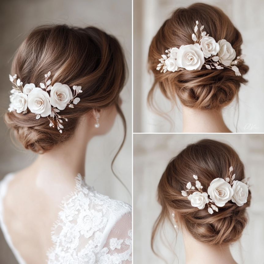 19 chic bridal updo with floral hairpins for a simple wedding look