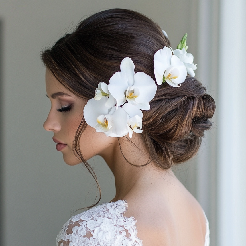 19 chic bridal updo with floral hairpins for a simple wedding look