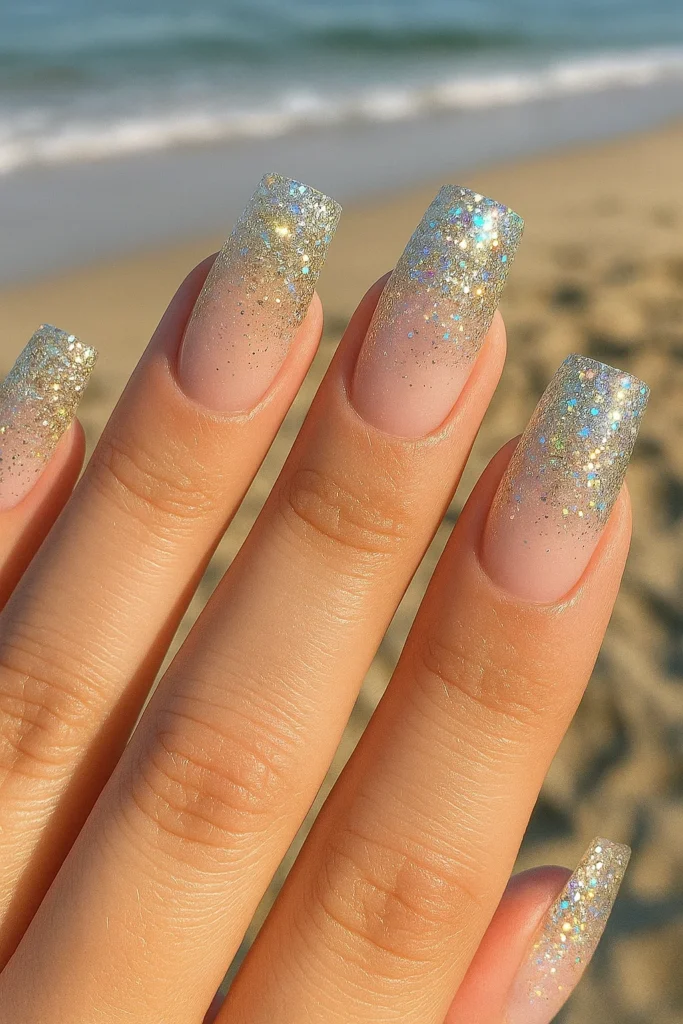 Simple and classy square beach nails for Summer 2025 trends.