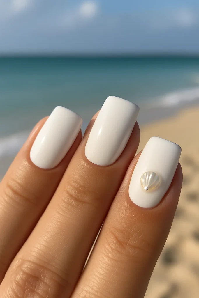 Simple and classy square beach nails for Summer 2025 trends.