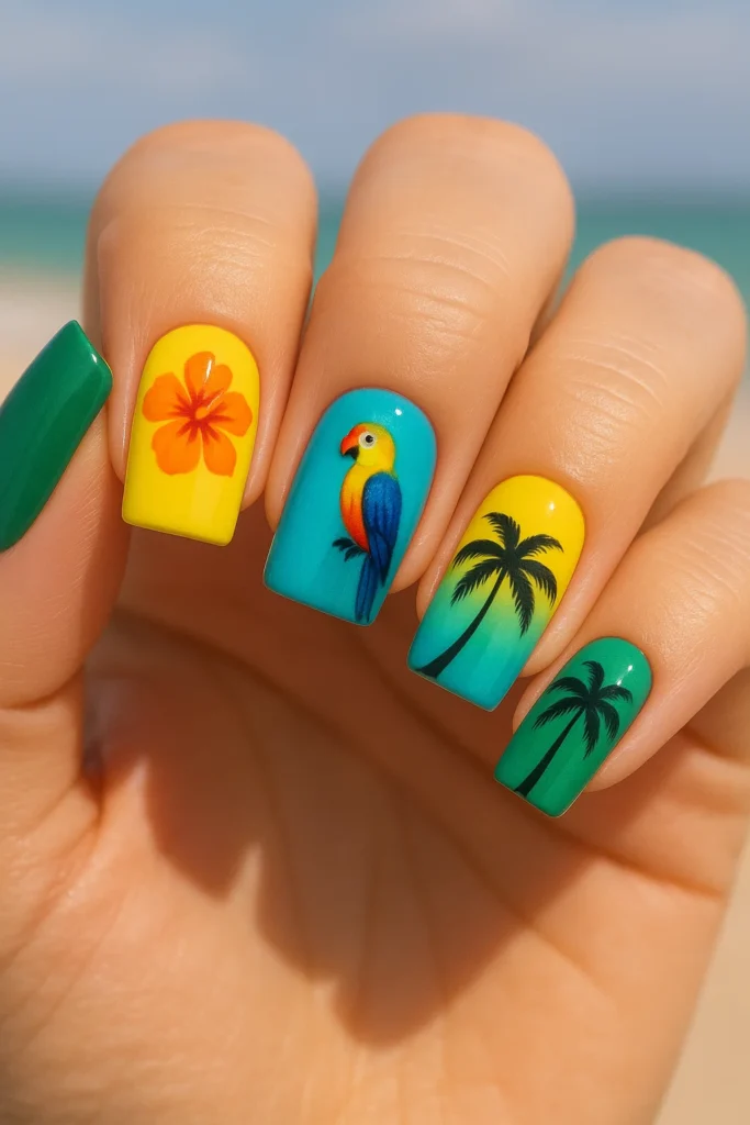 Simple and classy square beach nails for Summer 2025 trends.
