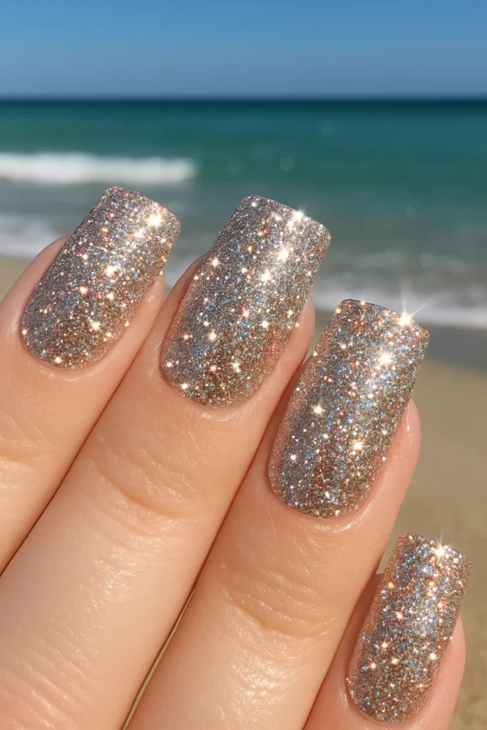 Simple and classy square beach nails for Summer 2025 trends.