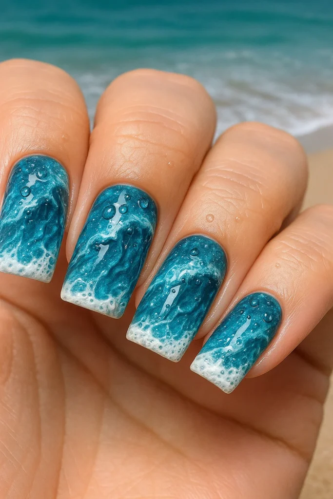 Simple and classy square beach nails for Summer 2025 trends.
