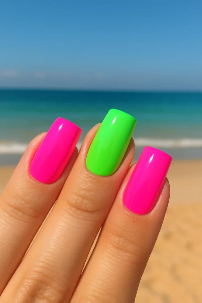 Simple and classy square beach nails for Summer 2025 trends.