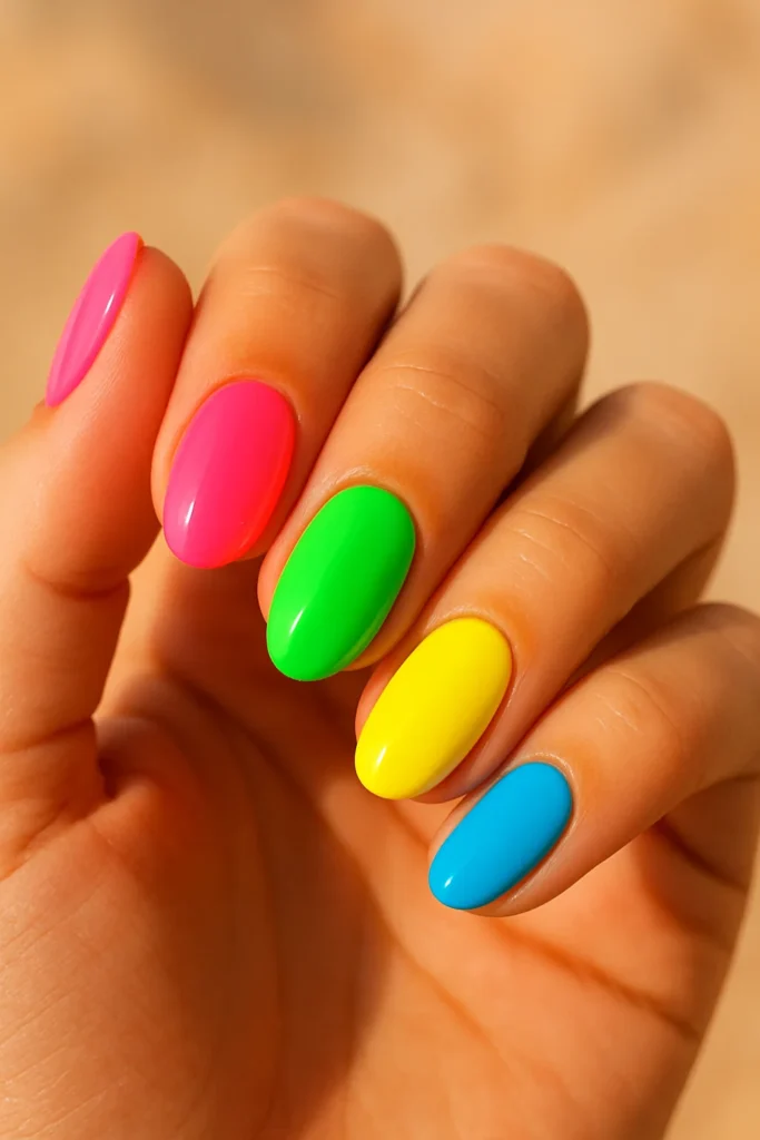 Close up of colorful hand nail art with vibrant summer patterns