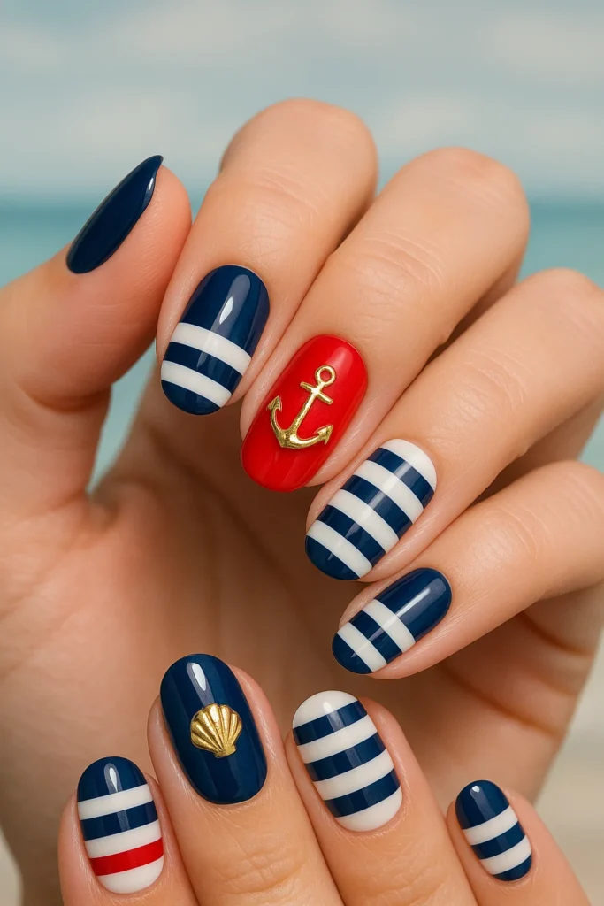Nautical nail art with ocean inspired patterns and coastal elements
