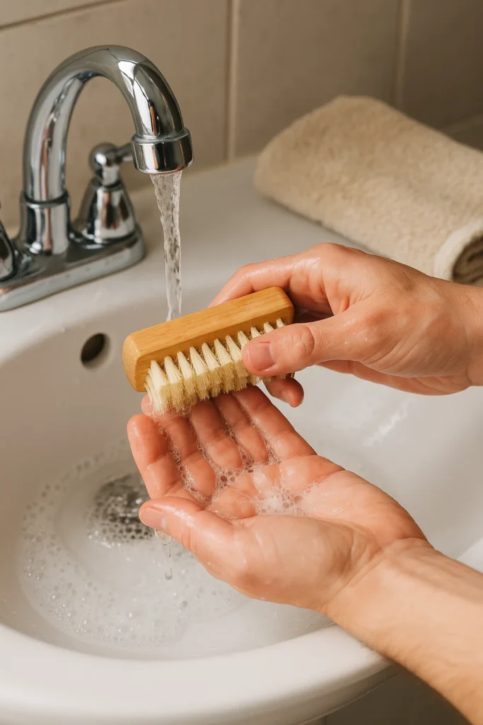 Person demonstrating proper nail brush technique for cleaning under nails