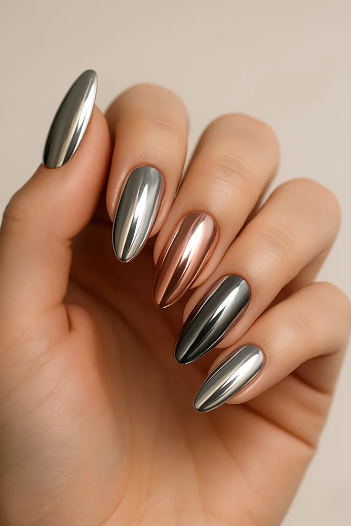 Metallic chrome nails with reflective mirror finish and modern shine