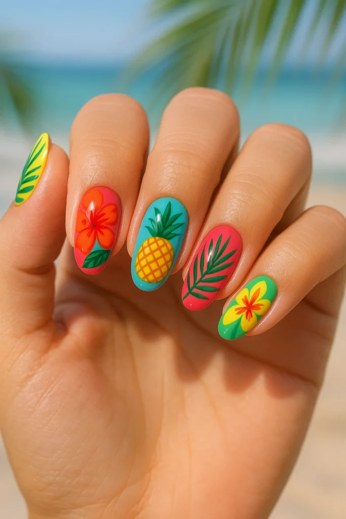 Tropical nail art featuring exotic flowers and summer island vibes