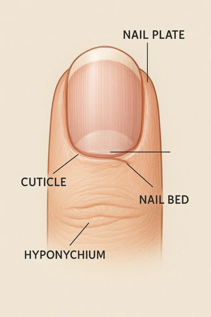 Detailed anatomical diagram of fingernail structure with labeled parts
